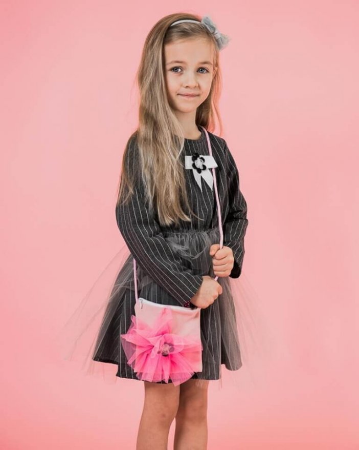 Striped children's dress with a handbag