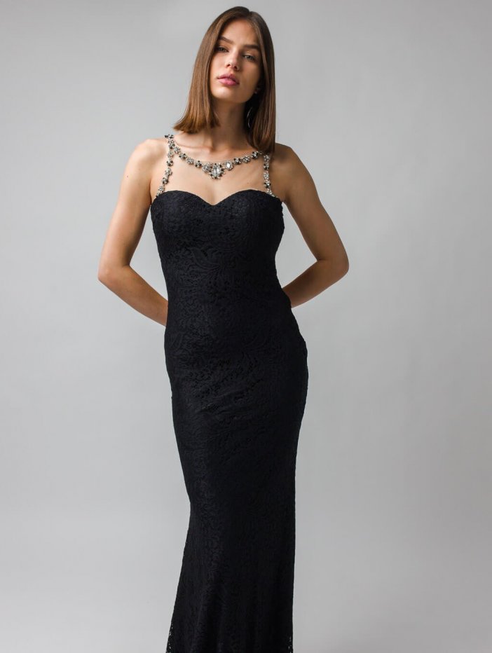 Čierne dlhé spoločenské šaty s odhaleným chrbátom Lina