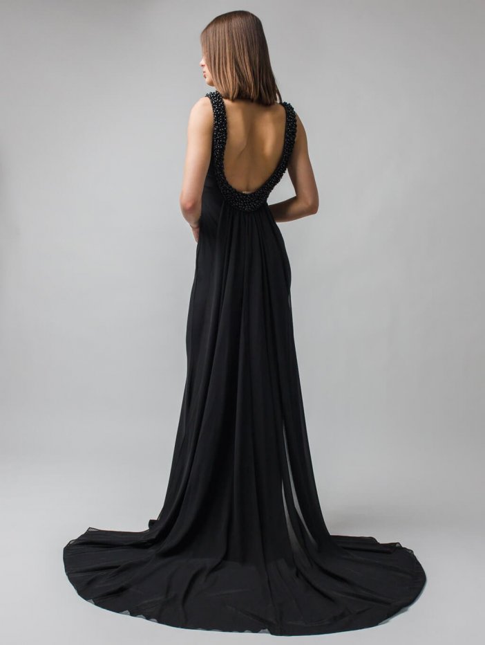 Čierne dlhé spoločenské šaty s vlečkou Solenne