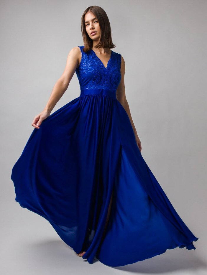 Modré dlouhé společenské saténové šaty s krajkou Juliette