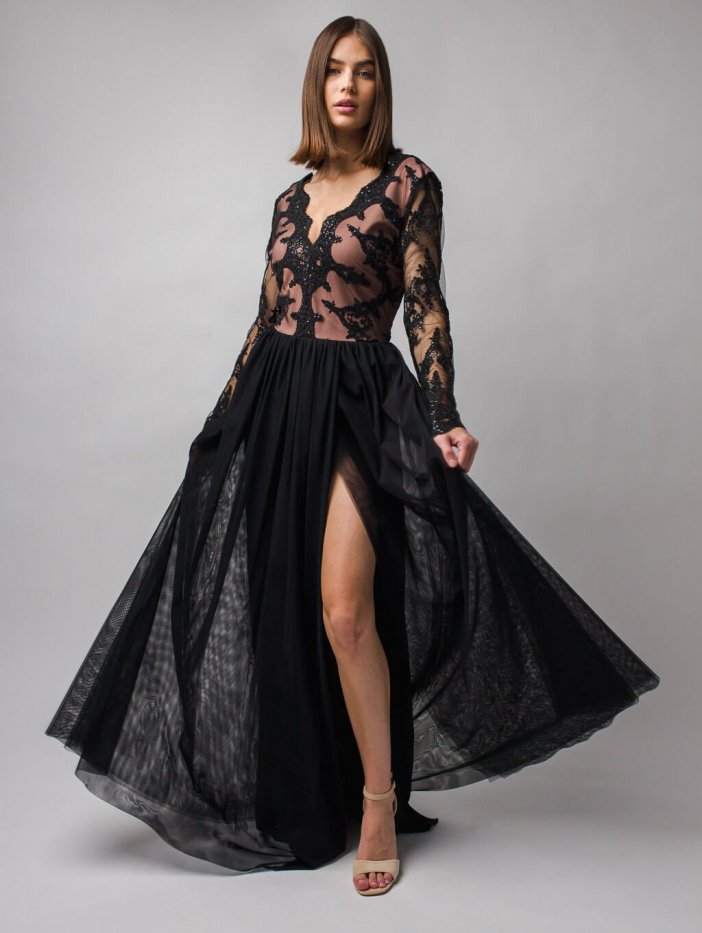 Čierno-béžové dlhé spoločenské šaty s rozparkom Adel