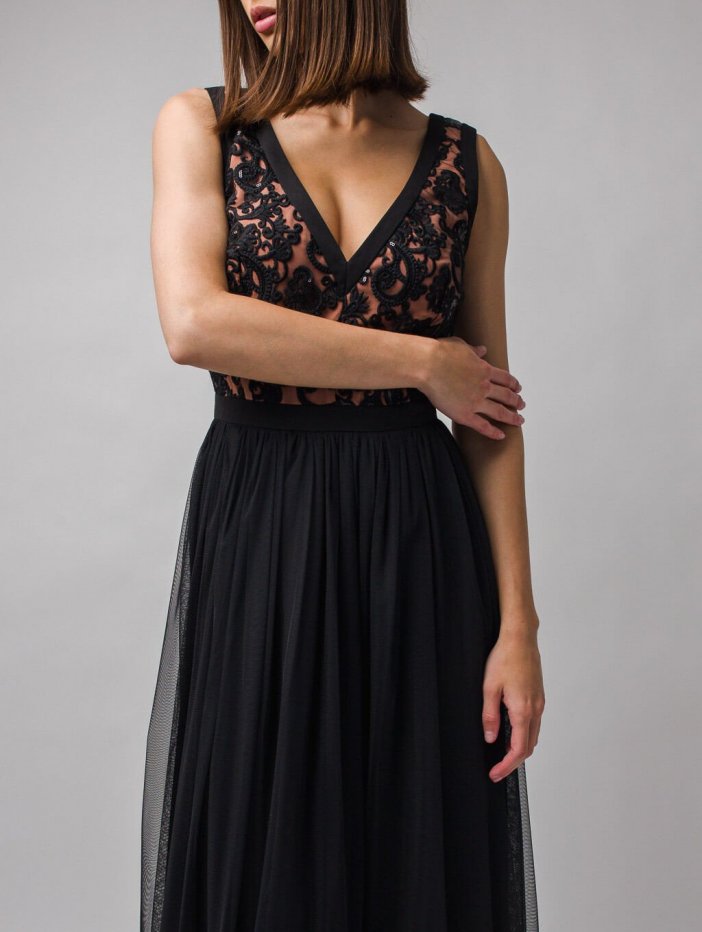 Hnědo-černé dlouhé společenské šaty Charlotte