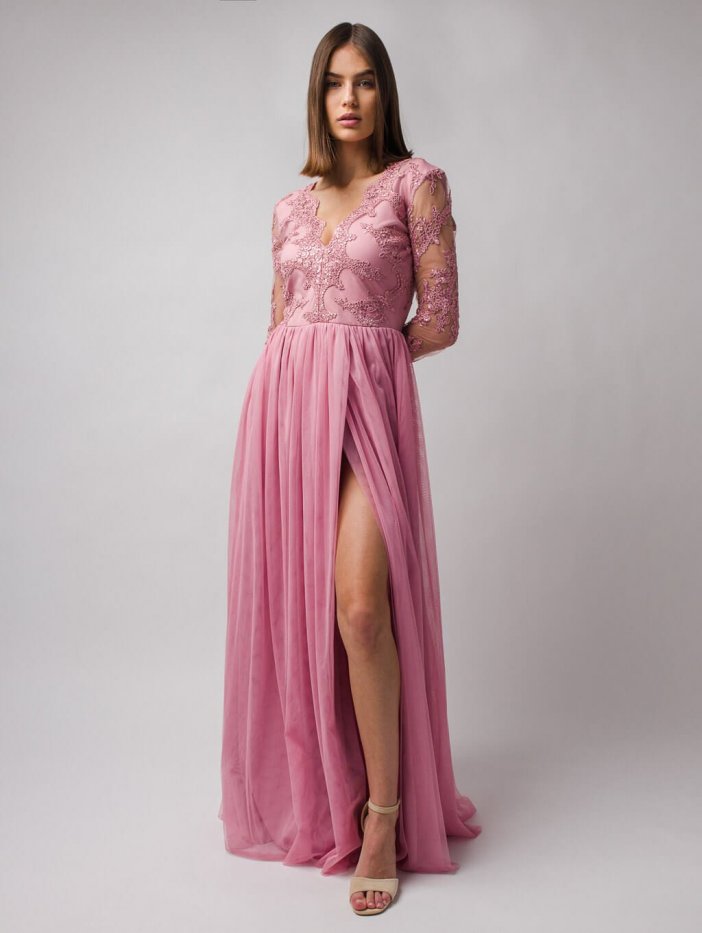 Růžové dlouhé společenské šaty Adel