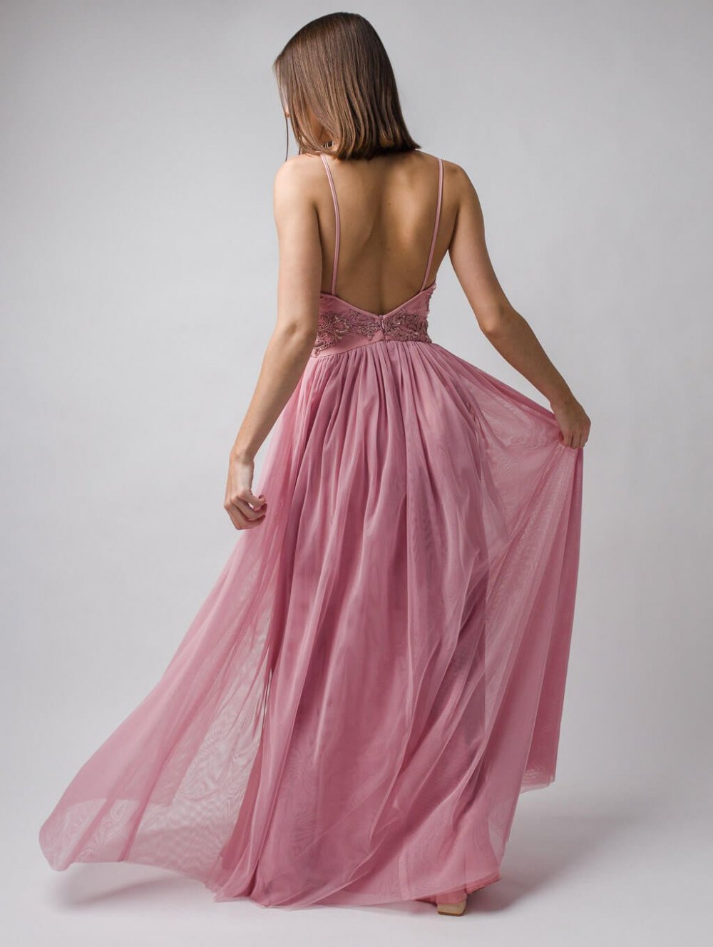 Růžové dlouhé společenské šaty Moli