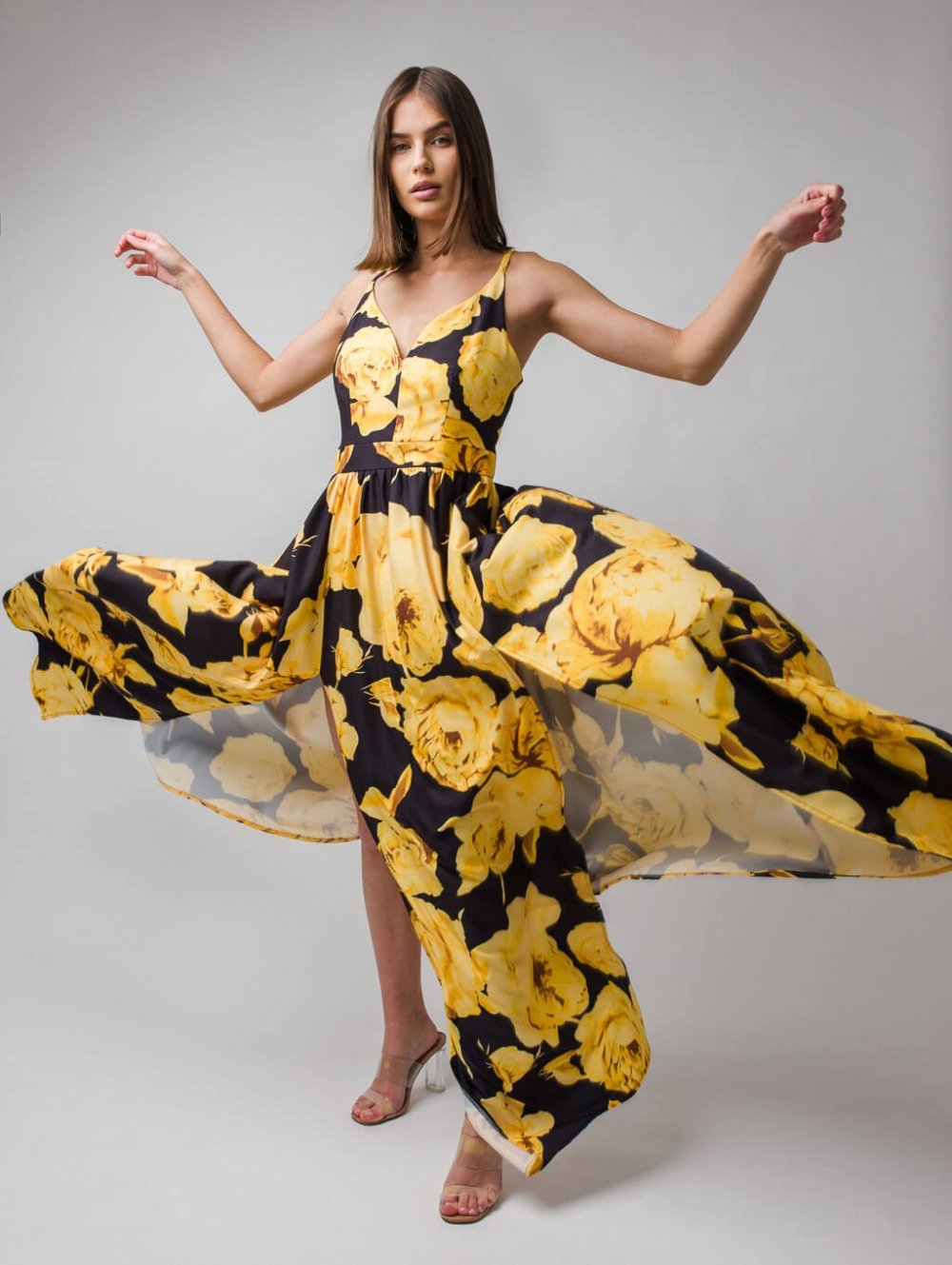 Černo-žluté květované společenské šaty Nina