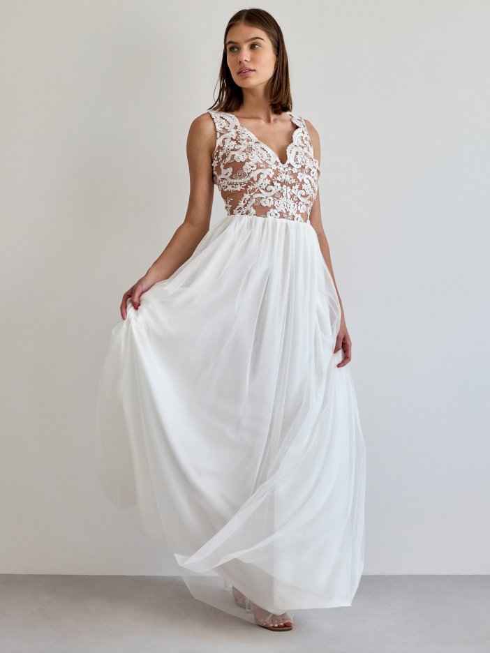 Bílo-hnědé dlouhé společenské šaty Chiara