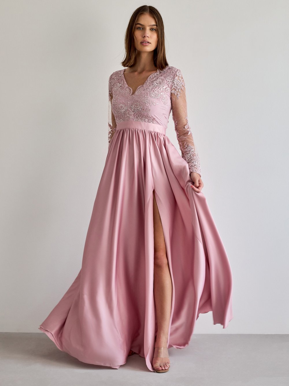 Růžové společenské šaty s dlouhým rukávem Luna