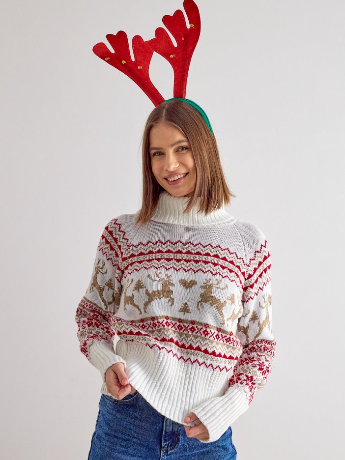 Bielo-červený sveter s rolákom Reindeer
