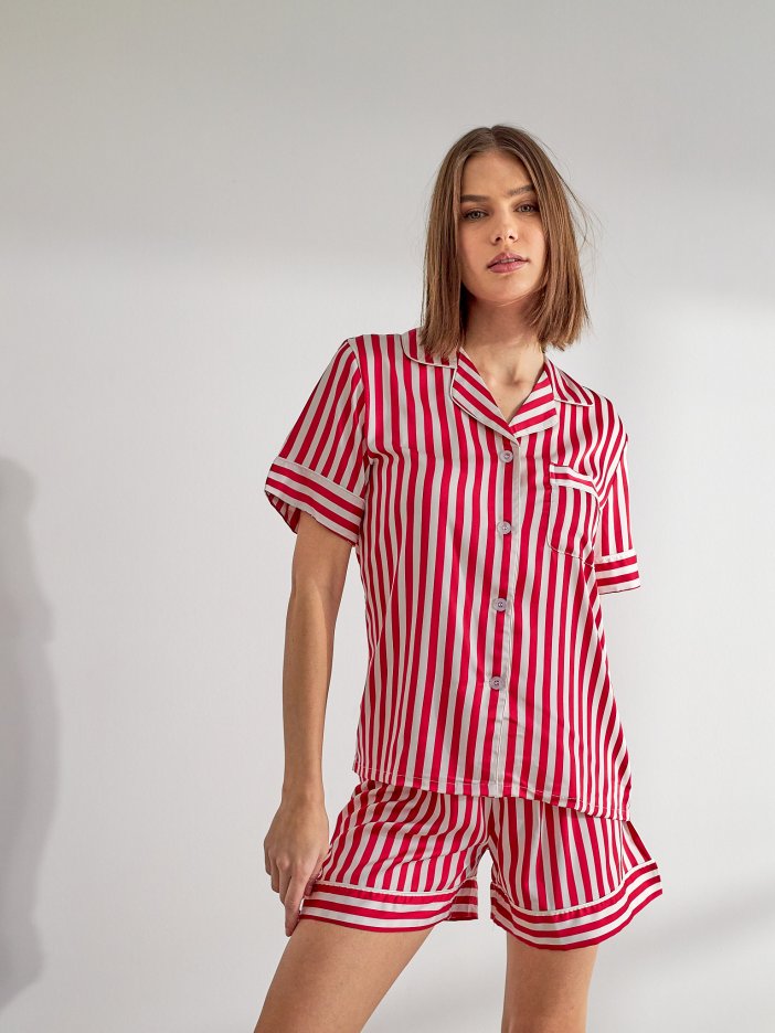 Červeno-biele pásikavé saténové pyžamo Ronna