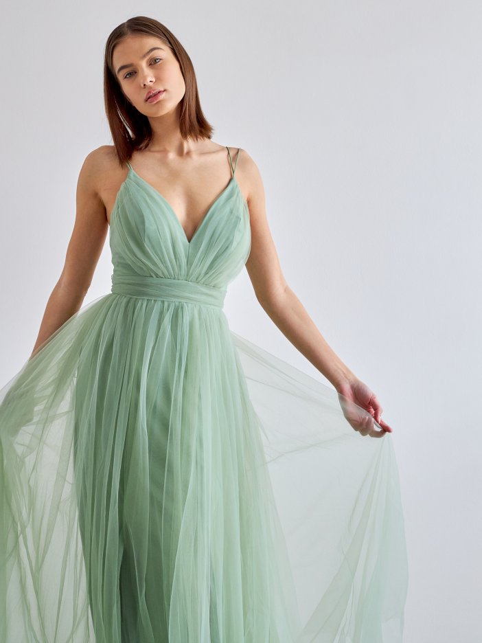 Bledě zelené tylové společenské šaty Polina