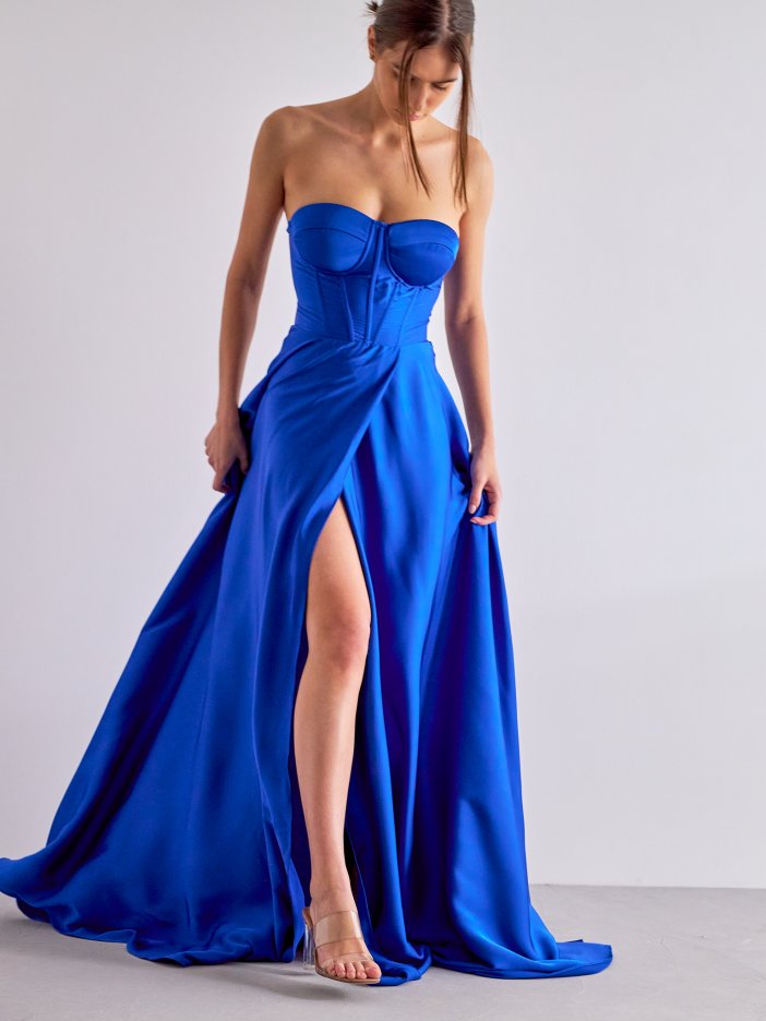 Modré saténové společenské šaty Emma