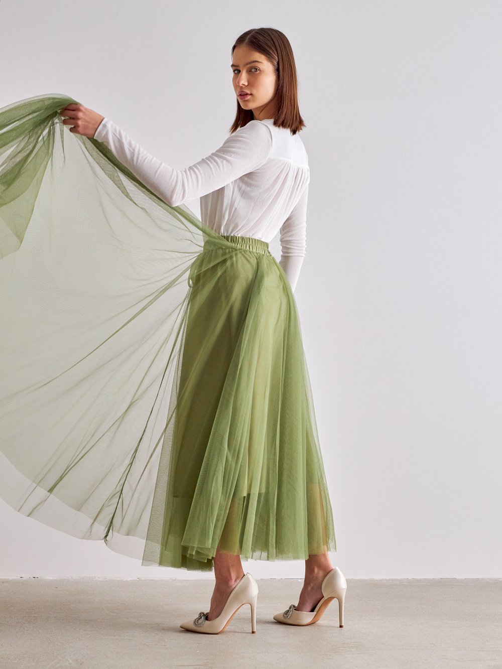 Olivová tylová sukňa Lia